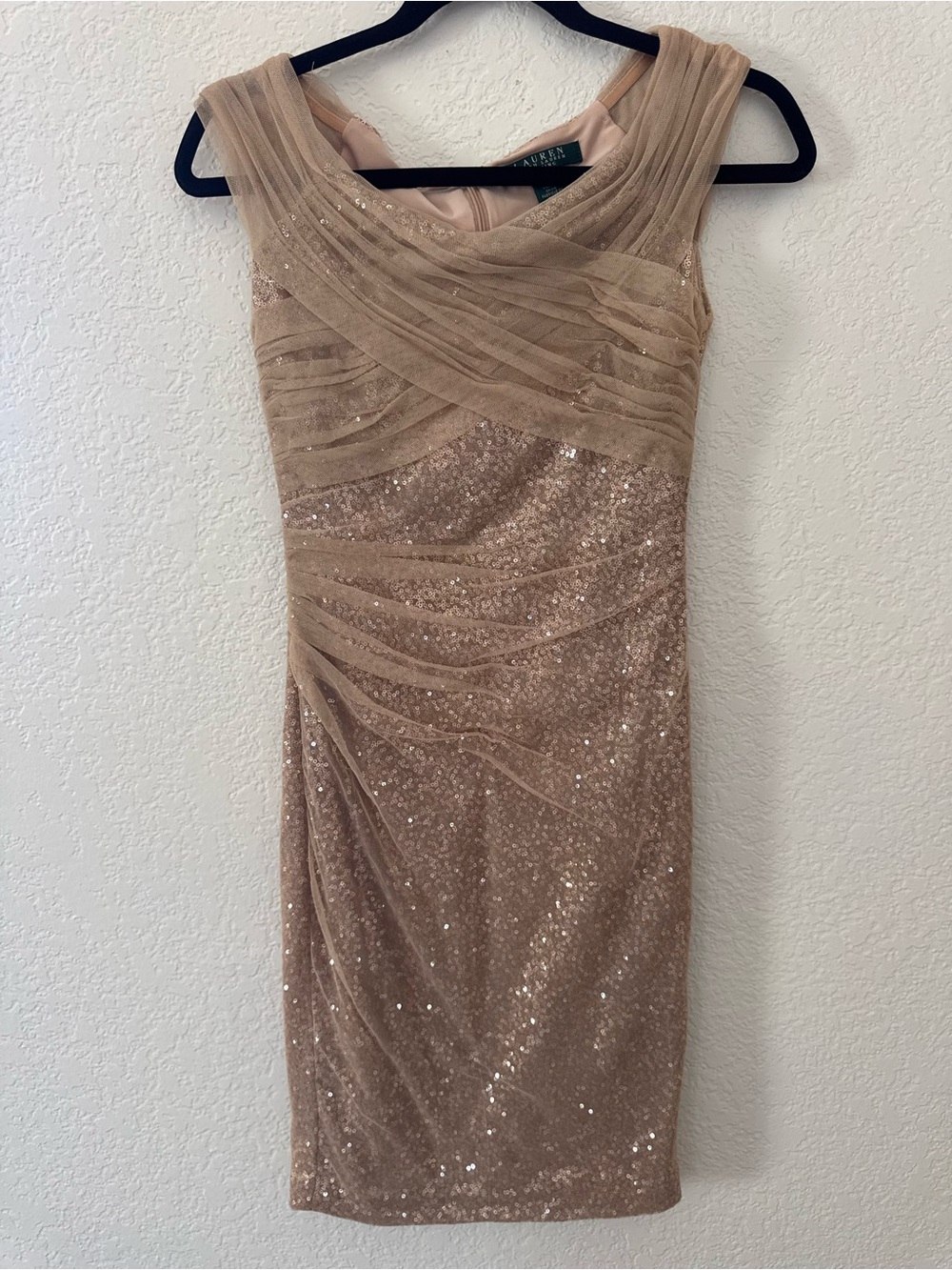 Ralph Lauren Champagne Sequin Midi Dress with Sheer Draped Overlay